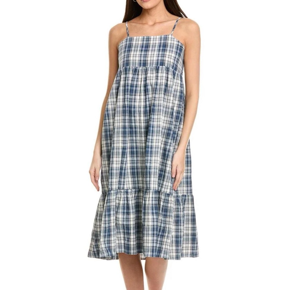 NWOT Maronie Blue Plaid Cottagecore Sleeveless Empire Waist Midi Sundress, Sz S.